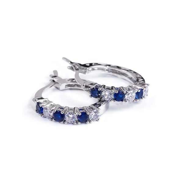 Sapphire Blue Cubic Zirconia Silver Hoop Earrings Classic Elegant Gemstone New - Picture 2 of 7